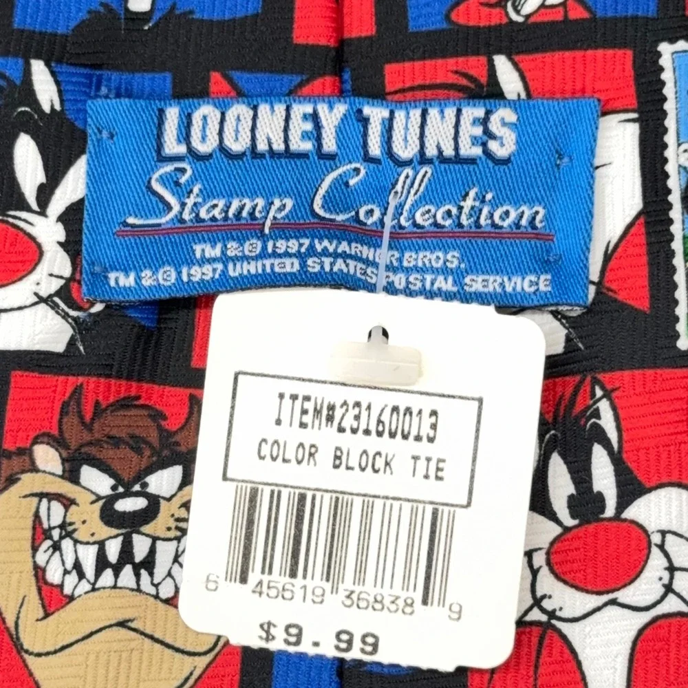 Vintage 1997 Looney Tunes Stamp Collection USPS Mens Tie Color Block Characters